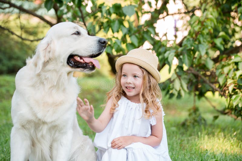 Grande cane divertente in occhiali da sole ed in ragazza bionda sveglia in vestito bianco all'aperto in parco fotografia stock Grande cane divertente in occhiali da sole ed in ragazza bionda sveglia in vestito bianco all'aperto in parco fotografia stock