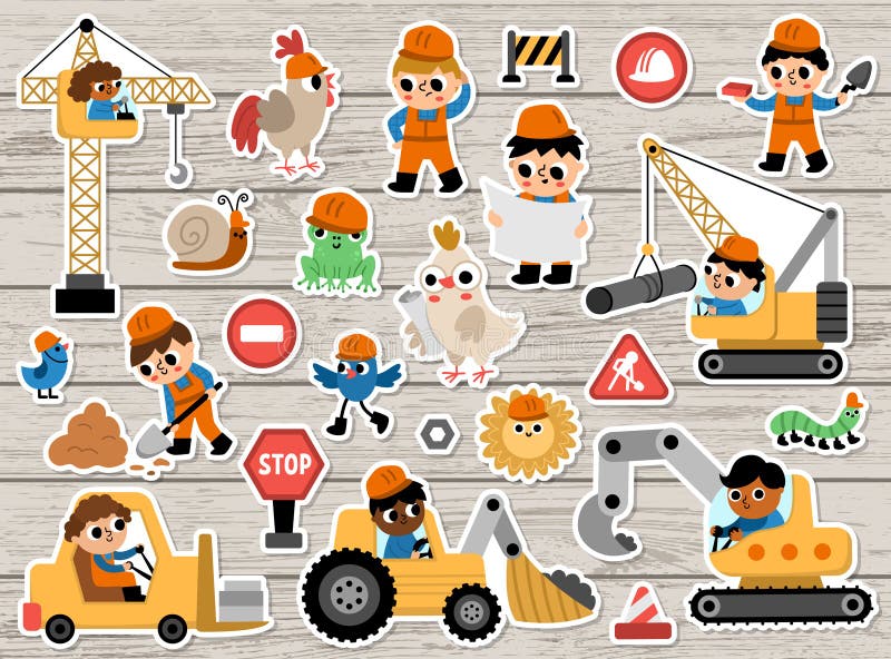 Big vector construction site and road work stickers set. Building patches collection with funny kid builders, transport, bulldozer, tractor, truck, crawler crane, animals on wooden background. Big vector construction site and road work stickers set. Building patches collection with funny kid builders, transport, bulldozer, tractor, truck, crawler crane, animals on wooden background