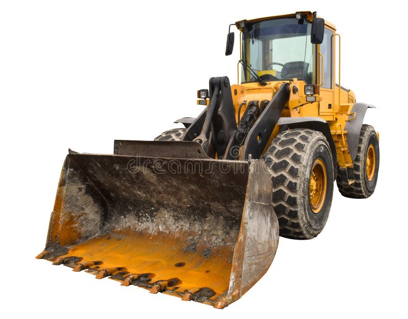 Grande caricatore polveroso del bulldozer, isolato su fondo bianco puro immagini stock libere da diritti Grande caricatore polveroso del bulldozer, isolato su fondo bianco puro immagini stock libere da diritti