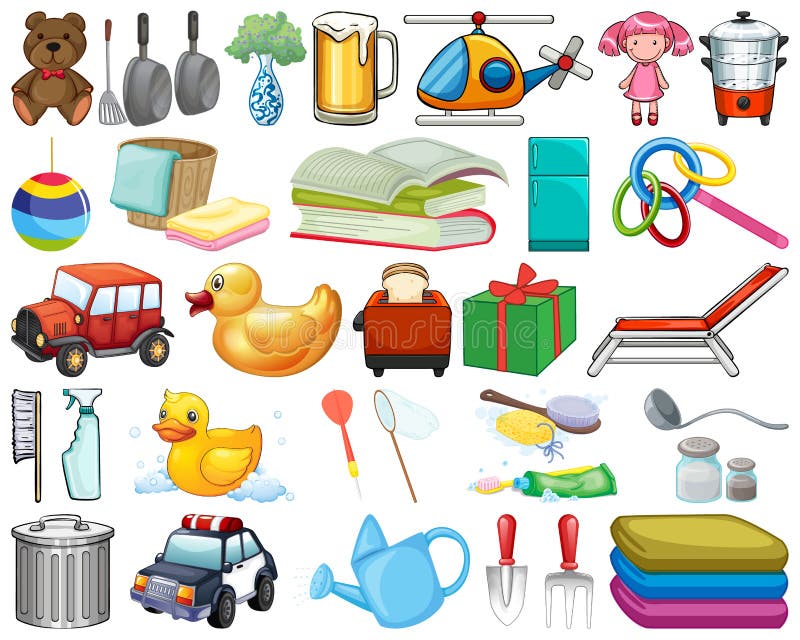Grande conjunto de artigos de uso doméstico e muitos brinquedos em fundo branco