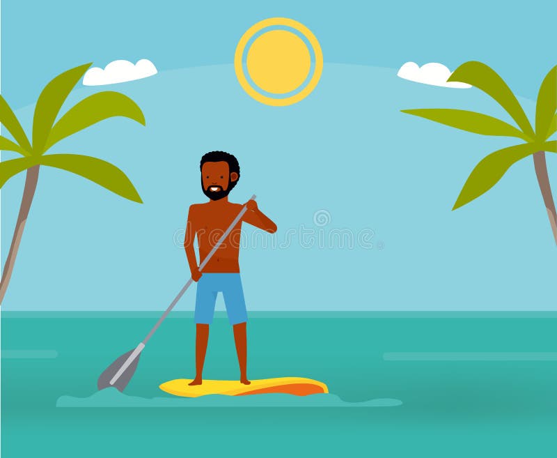 Grande dia a remar Homem considerável que surfa em no seu paddleboard e sorriso Conceito ativo do curso Estilo liso dos desenhos ilustração do vetor Grande dia a remar Homem considerável que surfa em no seu paddleboard e sorriso Conceito ativo do curso Estilo liso dos desenhos ilustração do vetor