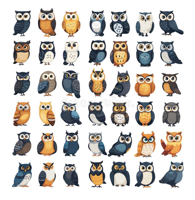 Owls cartoon style big bundle. Cute birds, night predators, winged hunters with big eyes, funny animals, forest creatures, vector illustration isolated on white background vectorized illustr AI generated. Owls cartoon style big bundle. Cute birds, night predators, winged hunters with big eyes, funny animals, forest creatures, vector illustration isolated on white background vectorized illustr AI generated