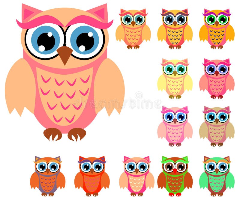 Grande grupo de corujas coloridos bonitos dos desenhos animados para crian?as, projetos diferentes, cor coral na moda ilustração do vetor Grande grupo de corujas coloridos bonitos dos desenhos animados para crian?as, projetos diferentes, cor coral na moda ilustração do vetor