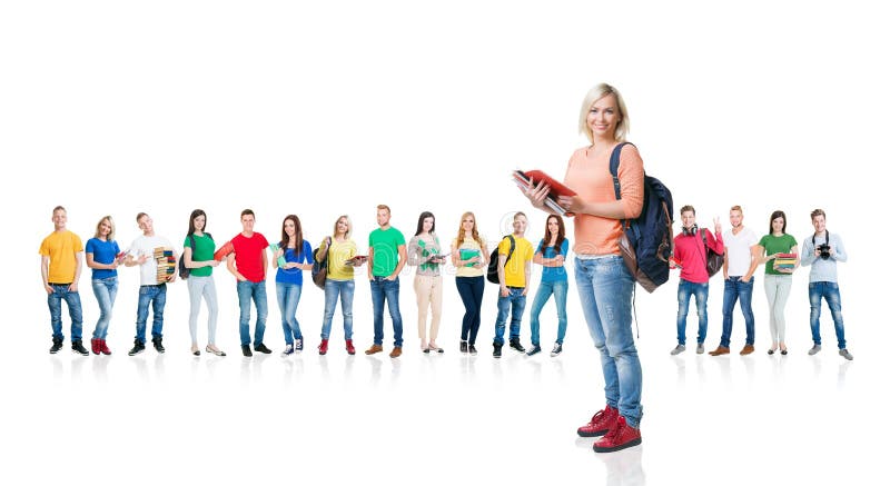 Grande grupo de estudantes adolescentes no branco fotografia de stock Grande grupo de estudantes adolescentes no branco fotografia de stock