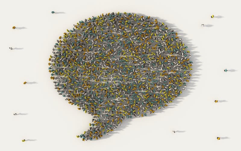 Large group of people forming a speech bubble symbol in social media and community concept on white background. 3d sign of crowd illustration from above gathered together. Large group of people forming a speech bubble symbol in social media and community concept on white background. 3d sign of crowd illustration from above gathered together