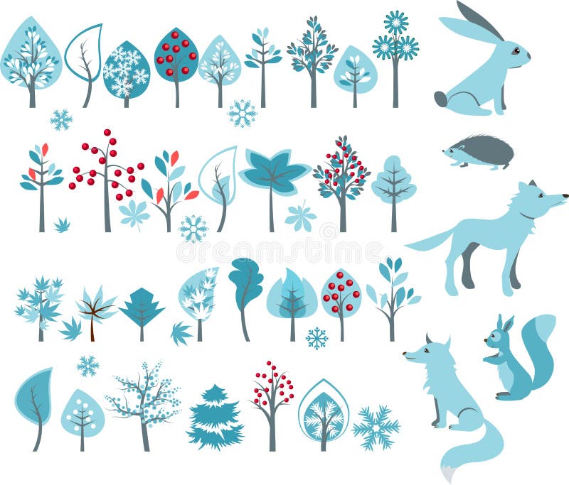 Grande insieme con gli alberi di inverno e gli animali della foresta illustrazione di stock Grande insieme con gli alberi di inverno e gli animali della foresta illustrazione di stock