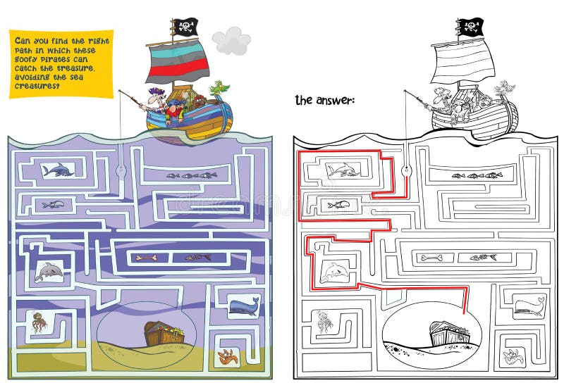 Grande labirinto com piratas e tesouro ilustração stock Grande labirinto com piratas e tesouro ilustração stock