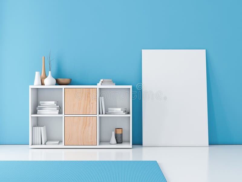 Grande maquette en toile de l'affiche au sol dans la chambre moderne avec mur bleu et bibliothèque en bois blanc illustration stock Grande maquette en toile de l'affiche au sol dans la chambre moderne avec mur bleu et bibliothèque en bois blanc illustration stock
