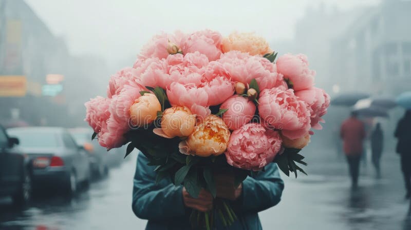Grande mazzo di peonie rosa in una nebulosa strada urbana durante un pomeriggio tranquillo immagine stock libera da diritti