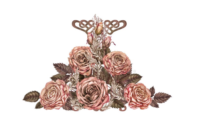 Grande mazzo di rose con colori color marrone rosato in una mochamousse alla moda. modello botanico per illustrazione di stock