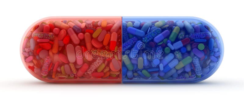Grande pillola rossa e blu riempita di pillole variopinte