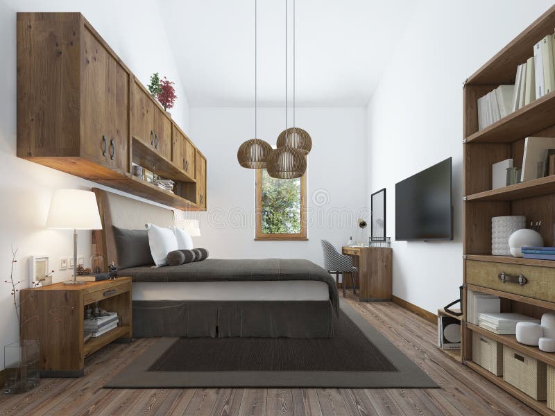 Large bedroom in modern style with elements of a rustic loft. Interesting solution with shelves above the bed and a balcony on the second level with wooden railings. 3D render. Large bedroom in modern style with elements of a rustic loft. Interesting solution with shelves above the bed and a balcony on the second level with wooden railings. 3D render.