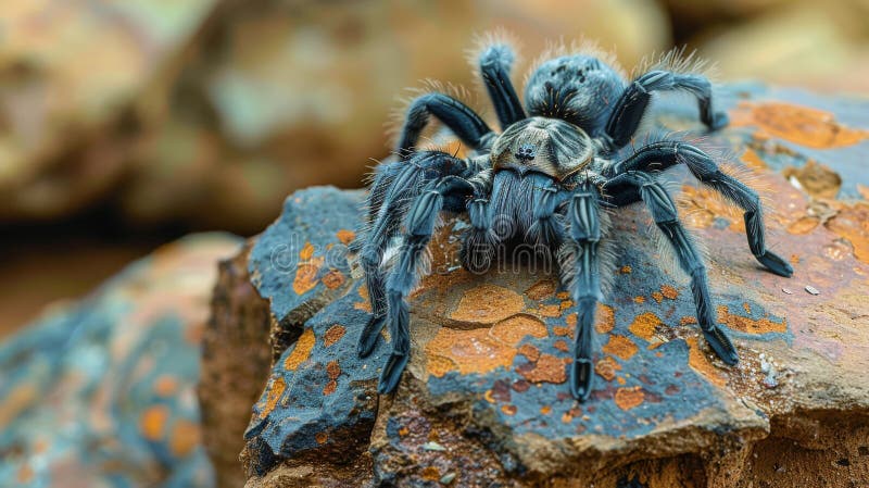 Grande ragno blu seduto sopra una roccia. Un grande ragno blu è appollaiato su una roccia le cui gambe si sono allargate mentre scansionano l'ambiente circostante. i ragni intricano i modelli e il contrasto vivace del colore blu rispetto alla trama ruvida della roccia. ai generative ai generato