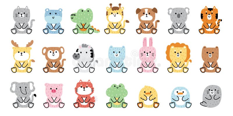 Big set of cute animals soft hair in sit position.Animal character cartoon design.Kid graphic.Wild,rodent,reptile,farm collection.Relax.Kawaii.Vector.Illustration. Big set of cute animals soft hair in sit position.Animal character cartoon design.Kid graphic.Wild,rodent,reptile,farm collection.Relax.Kawaii.Vector.Illustration