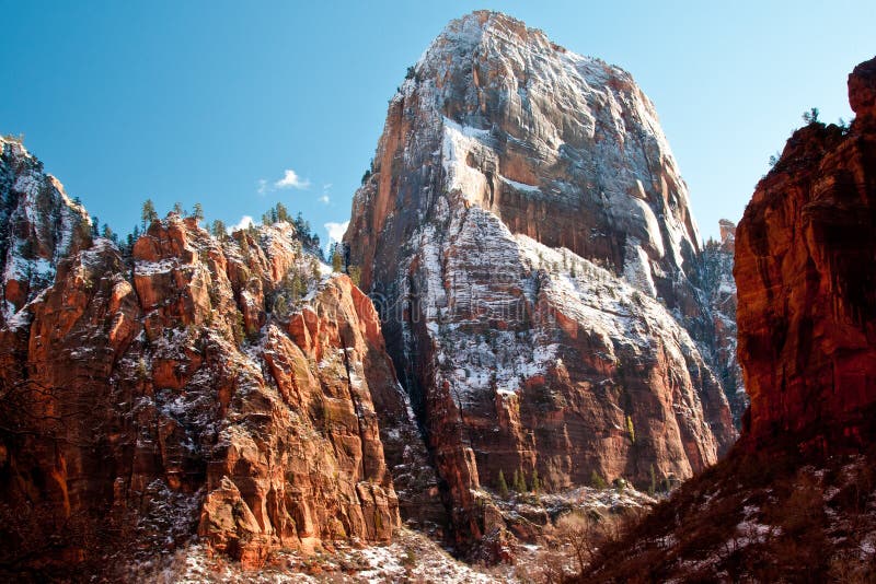 Massive Snow Covered Navajo Sandstone Monolith in Zion National Park. Massive Snow Covered Navajo Sandstone Monolith in Zion National Park