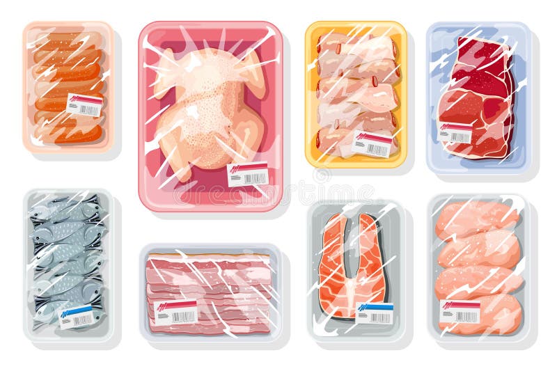 Grandes vectores con carne, aves de corral, mariscos en bandejas de plástico cubiertas con película de saran de cocina stock de ilustración Grandes vectores con carne, aves de corral, mariscos en bandejas de plástico cubiertas con película de saran de cocina stock de ilustración