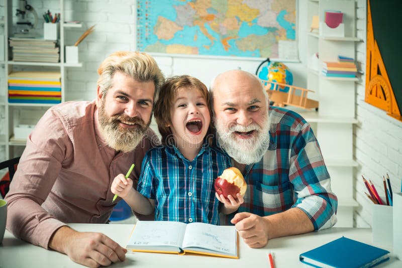 Grandfather Father And Son Men In Different Ages Ready To Study Happy