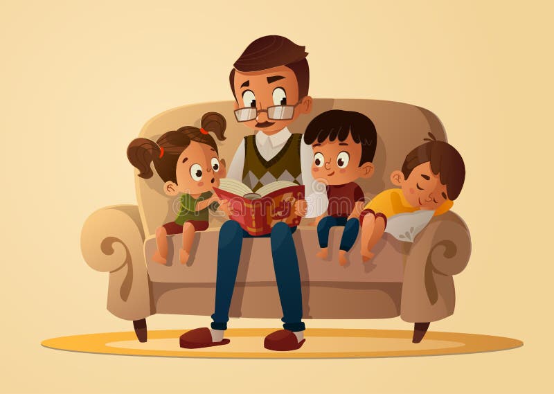 Grandfather sitting with grandchildren on a cozy sofa with the book, reading and telling book fairy tale story. Boys and girl listen to him. Vector cartoon illustration. Cozy family evening.