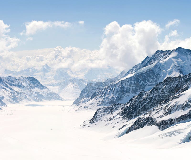 Panorama Scenic of Great Aletsch Glacier Jungfrau region,Part of Swiss Alps Alpine Snow Mountain Landscape at Switzerland. Panorama Scenic of Great Aletsch Glacier Jungfrau region,Part of Swiss Alps Alpine Snow Mountain Landscape at Switzerland.