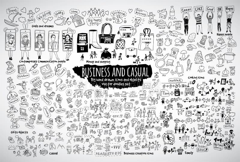 Grandi icone casuali ed oggetti di scarabocchi di affari del pacco royalty illustrazione gratis