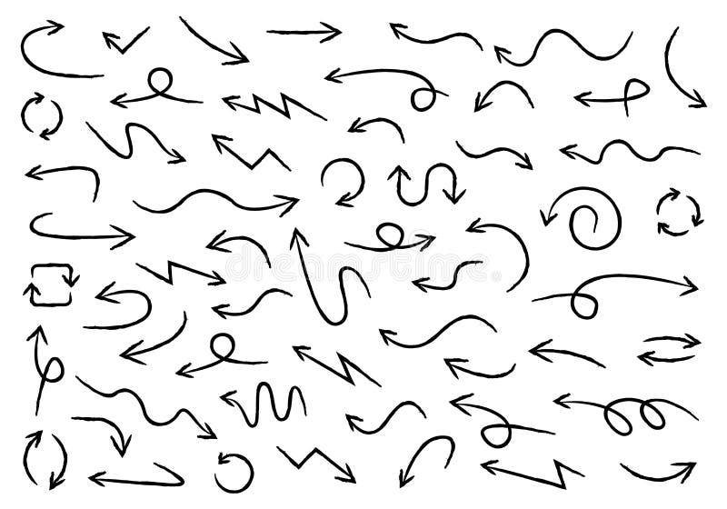 Grandi icone stabilite nere delle frecce Icona della freccia r freccia cursore Frecce della mano del disegno di scarabocchio Illu illustrazione di stock
