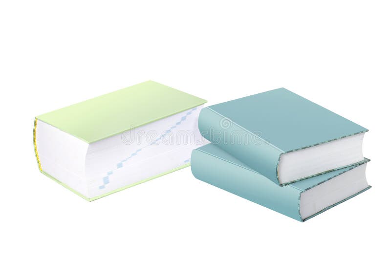 One large green book with two light blue books in front on a white background. One large green book with two light blue books in front on a white background.