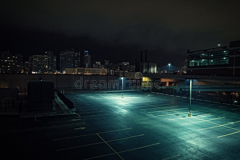 Grandi parcheggio e garage urbani abbandonati della città alla notte