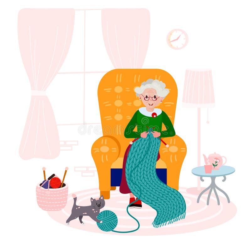 Old lady knitting stock vector. Illustration of elderly - 12642830