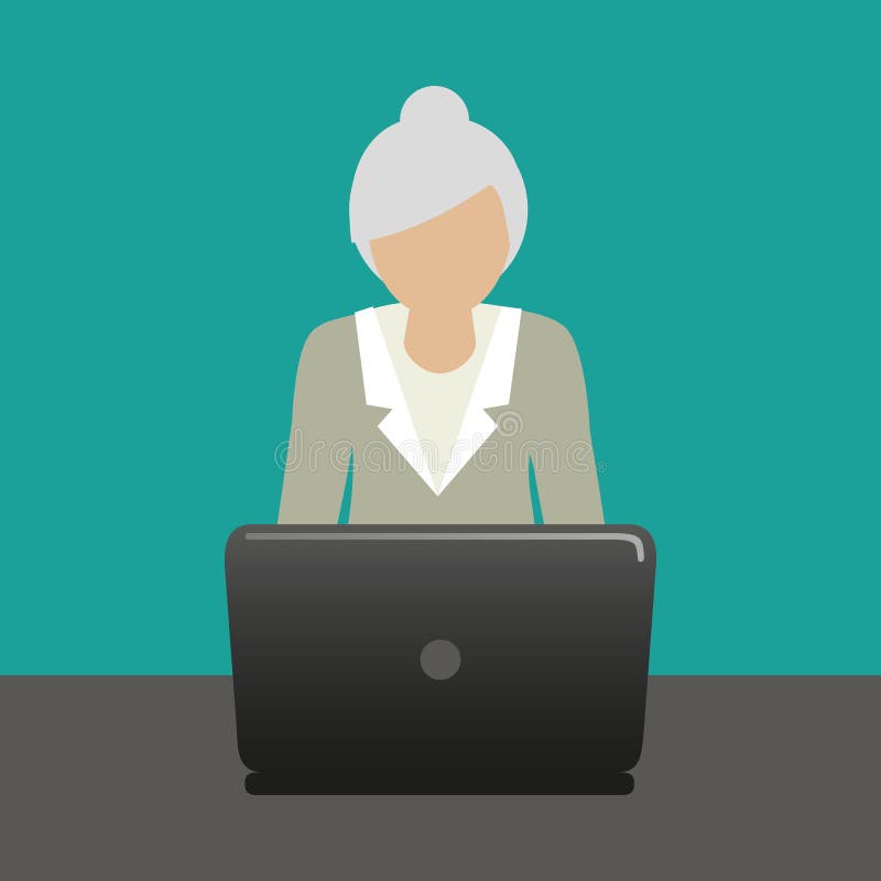 Grandma with laptop is working with computer royalty free illustration