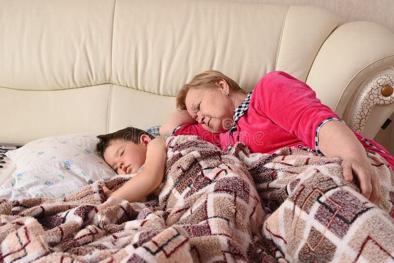Grandma Sleeps with Her Grandson Stock Photo Image of horizontal
