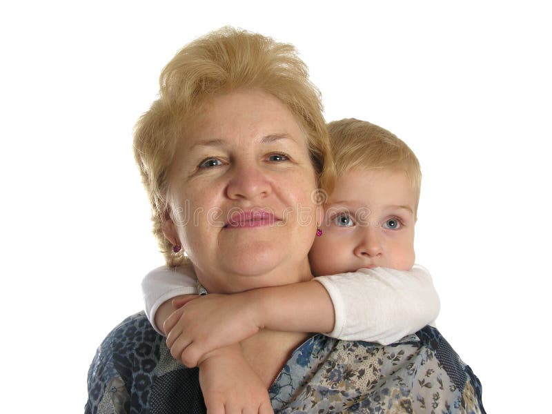 Grandmother with boy. Granny with grandchildren.