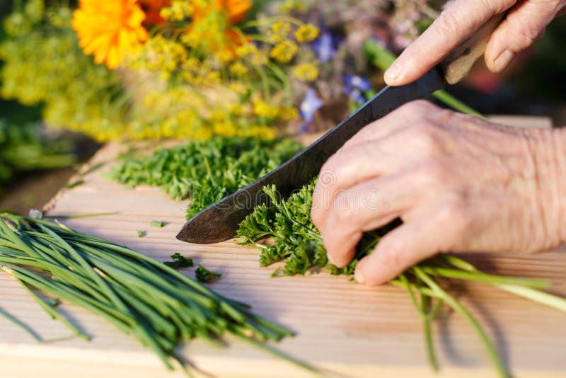 Grandmother chopping fresh parsley