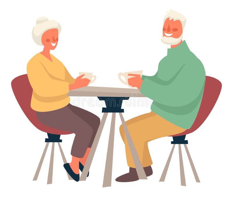 Senior people on date, man and woman drinking coffee in cafe or restaurant. Grandmother or grandfather sitting by a table and talking. Communication and happy retirement. Vector in flat style. Senior people on date, man and woman drinking coffee in cafe or restaurant. Grandmother or grandfather sitting by a table and talking. Communication and happy retirement. Vector in flat style