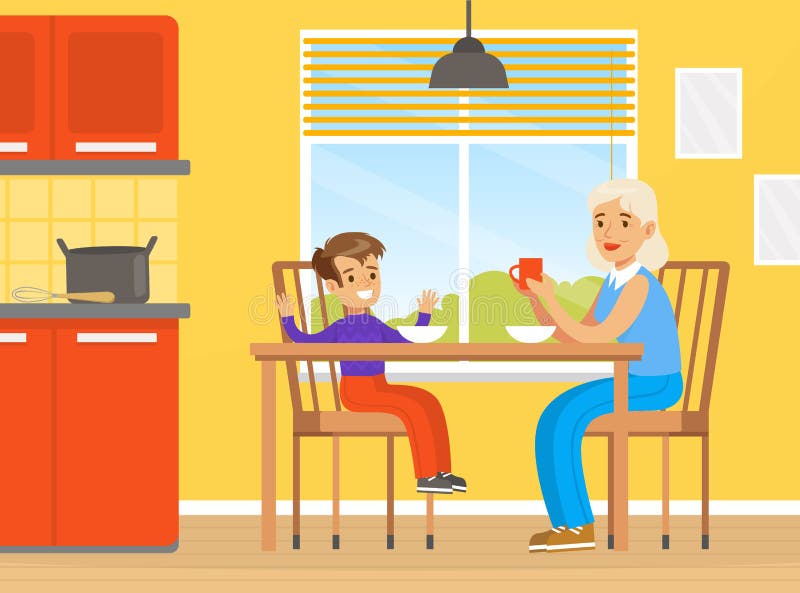 Grandmother and Grandson Eating, Drinking Tea and Talking to Each Other, Family Sitting at Dining Table Cartoon Style Vector Illustration. Grandmother and Grandson Eating, Drinking Tea and Talking to Each Other, Family Sitting at Dining Table Cartoon Style Vector Illustration