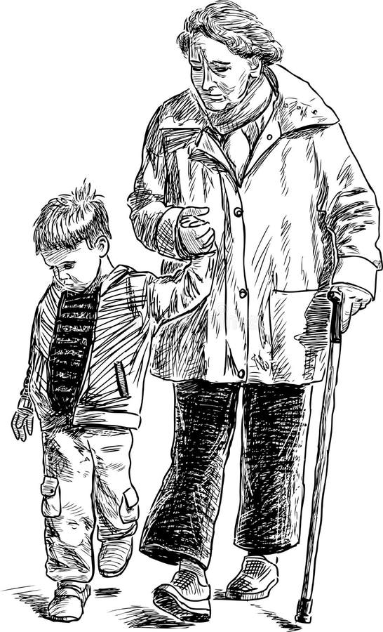 Vector drawing of a elderly woman with a child on a stroll. Vector drawing of a elderly woman with a child on a stroll.