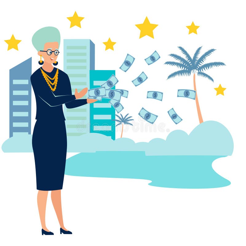 Grandmother is a pensioner, throws money. Old age millionaire. In minimalist style Cartoon flat Vector royalty free illustration Grandmother is a pensioner, throws money. Old age millionaire. In minimalist style Cartoon flat Vector royalty free illustration