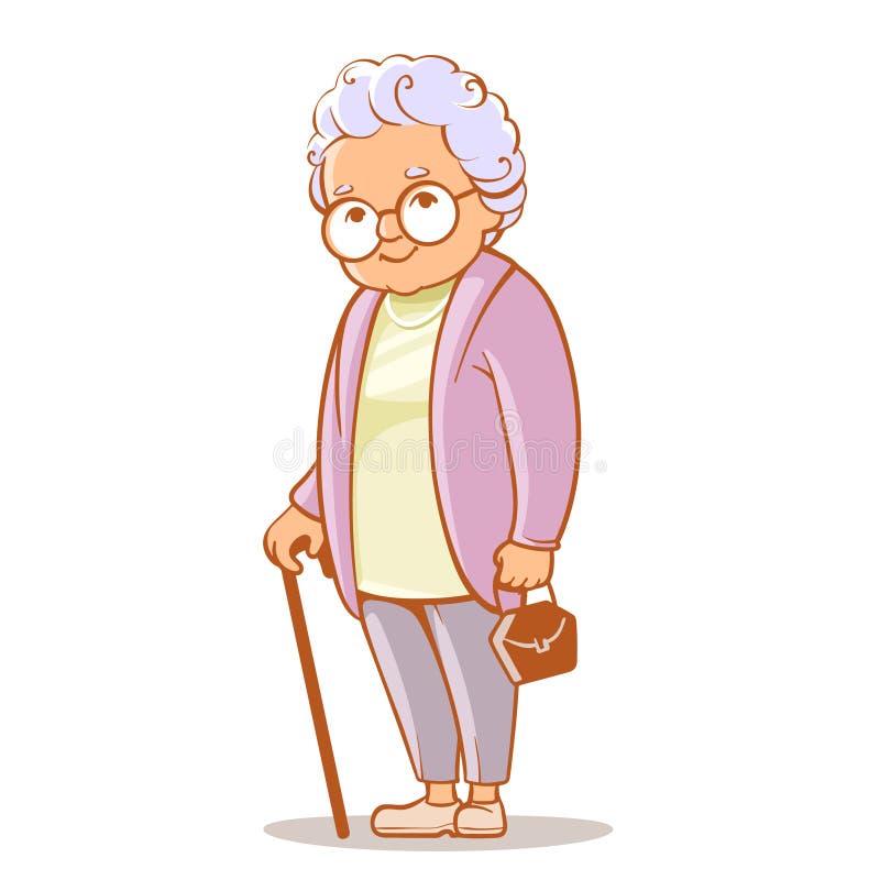 Portrait of cute old woman with bag and walking stick. 