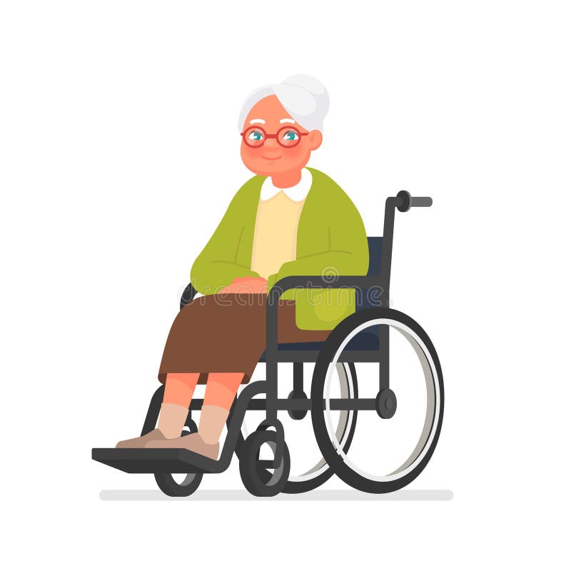 Grandmother sits in a wheelchair on a white background. 