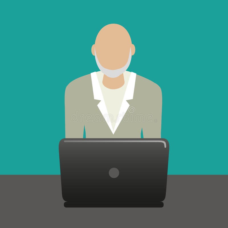 Grandpa with laptop is working with computer vector illustration