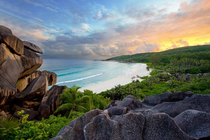 A high view point of grande anse beach at sunset on the island of la digue in the seychelles. Seychelles stock images, royalty-free photos and pictures