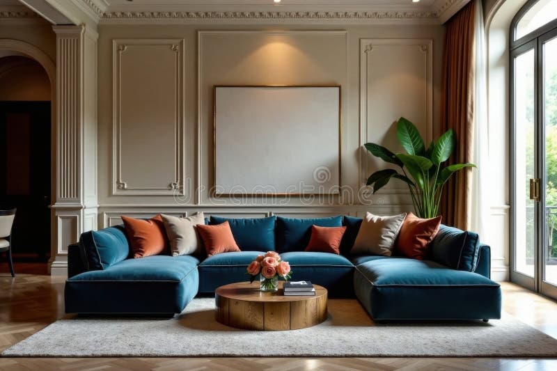 Granducato di velluto sofa centro sala grandi dettagli architettonici opere di prestigio illustrazione di stock