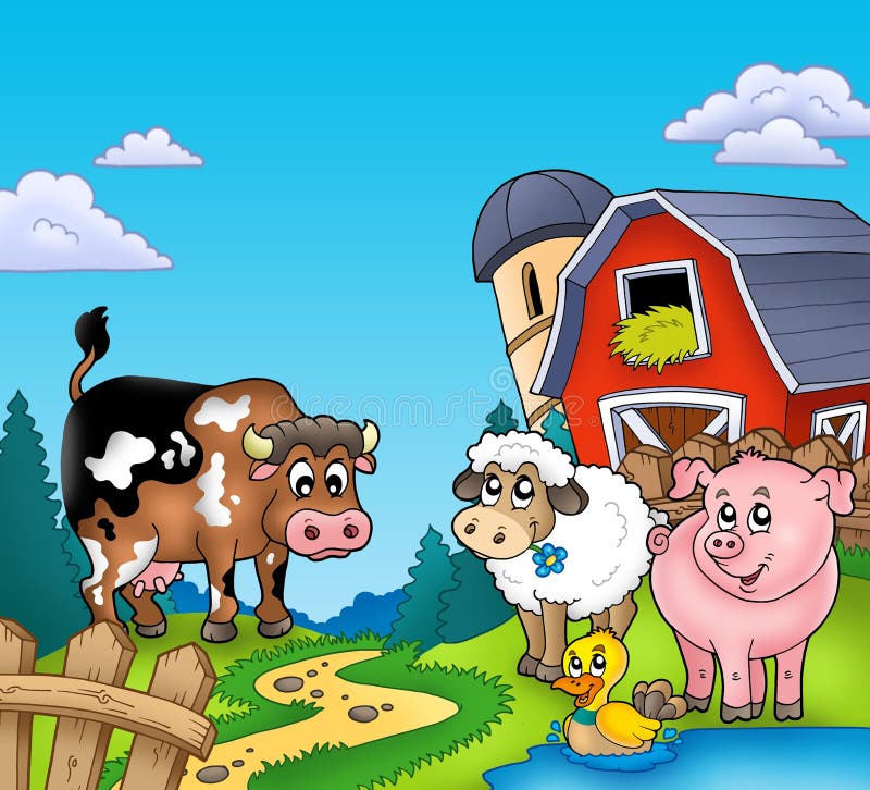 Red barn with farm animals - color illustration. Red barn with farm animals - color illustration.