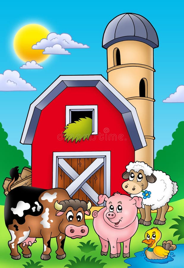 Big red barn with farm animals - color illustration. Big red barn with farm animals - color illustration.