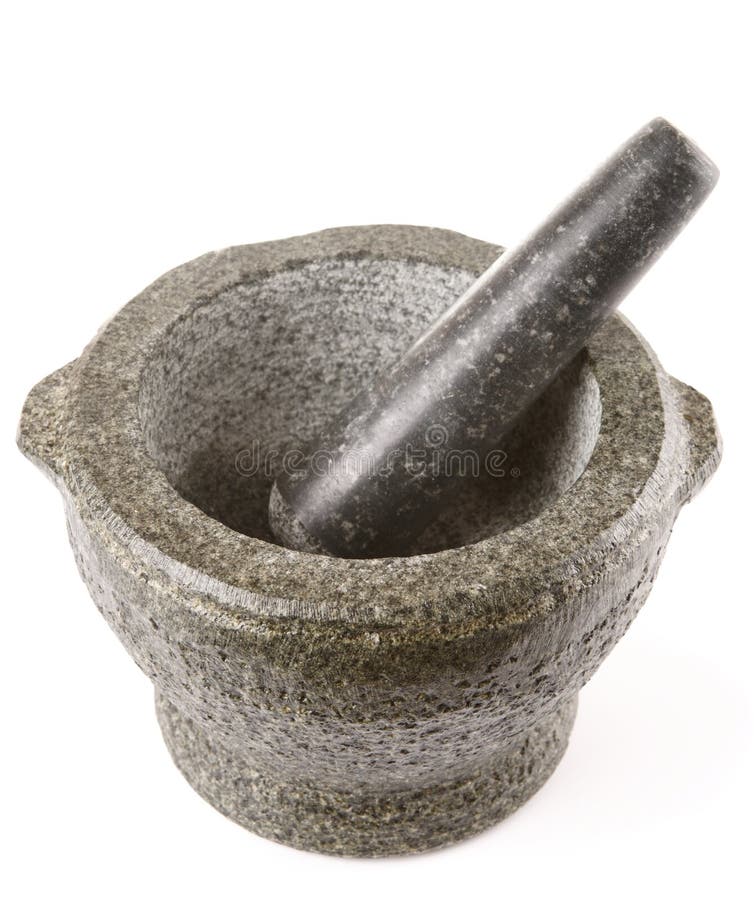 Granite Mortar Used for Making Sauces Isolated on Black Stock Photo