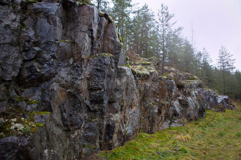 Granite rock at the finland-Rocks with moss. Forest. Large stones on green grass. Moss on a rock face. Relief and