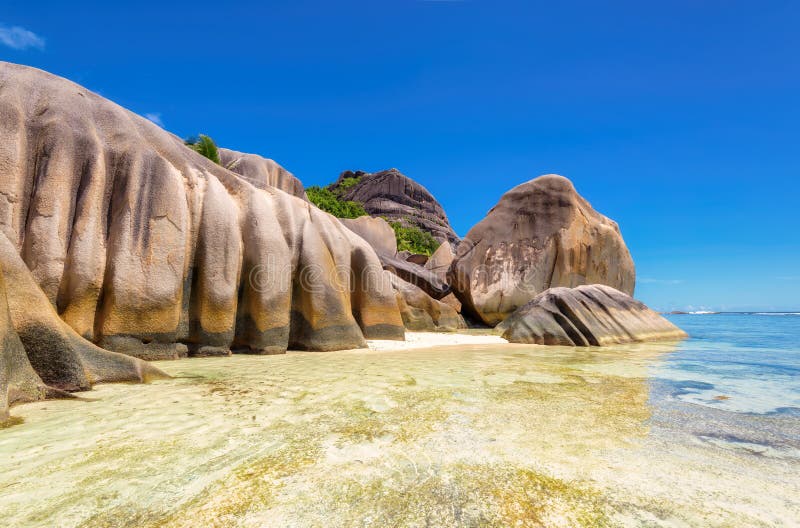 Granite Rocks On The Beaches On Seychelles, La Digue Island Stock Photo ...