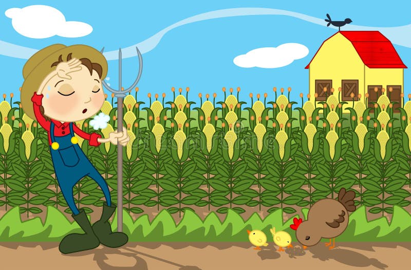 Illustration about a country landscape with a tired farmer, a hen and her chicks, some corn and a farm in the back. Illustration about a country landscape with a tired farmer, a hen and her chicks, some corn and a farm in the back