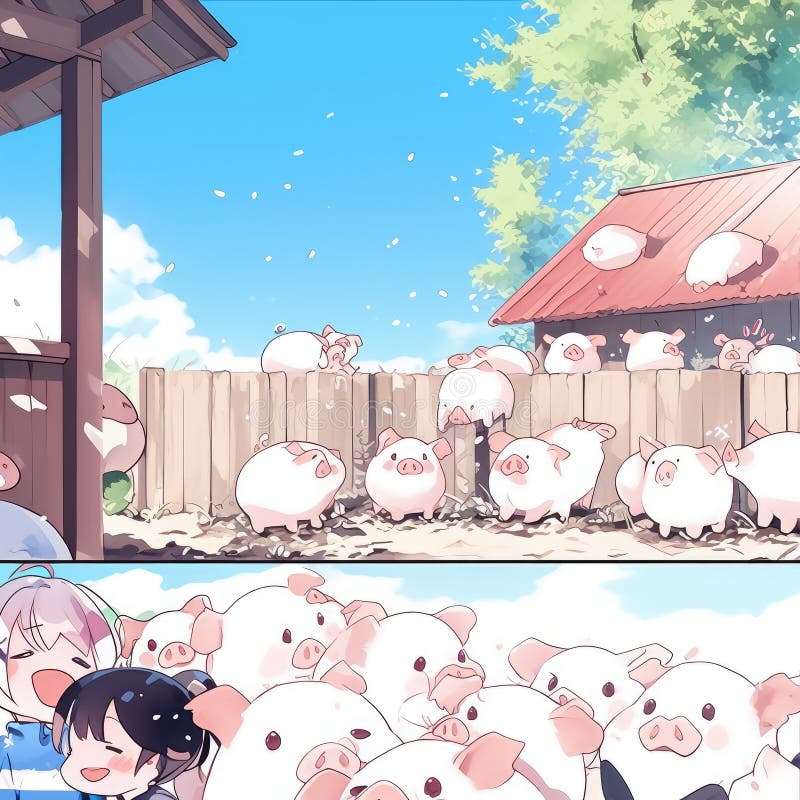 Granja de cerdo animada con niños alegres libre illustration