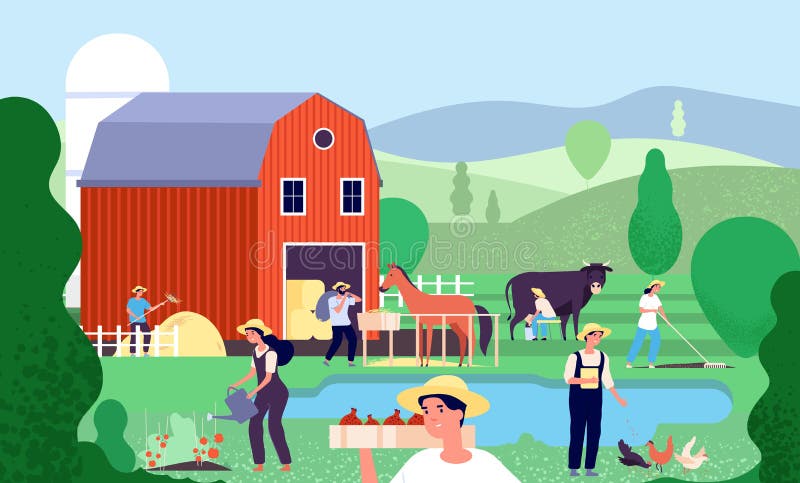Granja de la historieta con los granjeros Los trabajadores agrícolas trabajan con los animales y el equipo del campo en vector ru stock de ilustración Granja de la historieta con los granjeros Los trabajadores agrícolas trabajan con los animales y el equipo del campo en vector ru stock de ilustración
