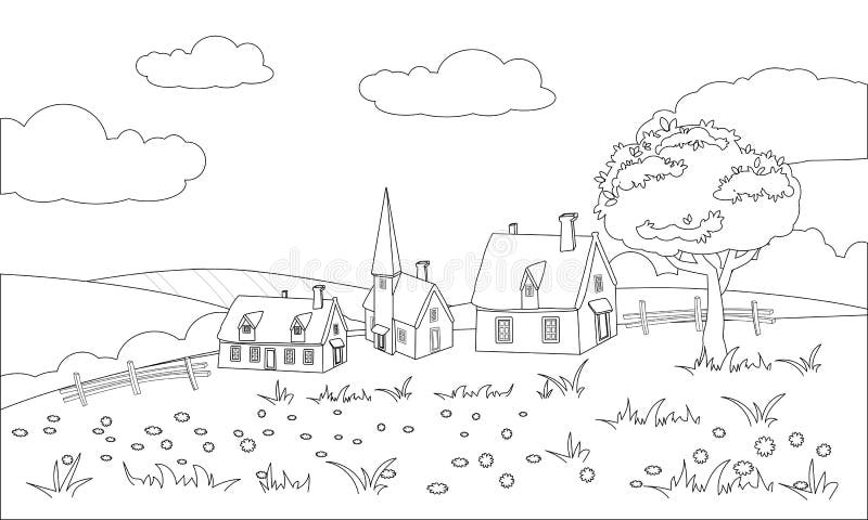  Granja Edificios Paisaje Rural Libro Para Colorear Para Niños. Vista De Campo Vector Ilustración Línea Dibujos Animados Stock de ilustración